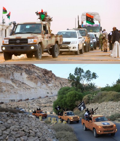 Images: Libya's so-called freedom-fighting "moderates" literally just repainted their trucks after NATO's 2011 intervention, becoming ISIS' Libyan branch. The US now finds itself justifying yet another military intervention in Libya to fight the very terrorists it helped arm and put into power in 2011.